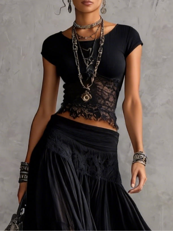 Black Top in Transparent Lace with Panels and Maxi Pleated Skirt Set