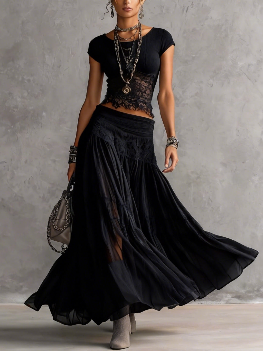 Black Top in Transparent Lace with Panels and Maxi Pleated Skirt Set