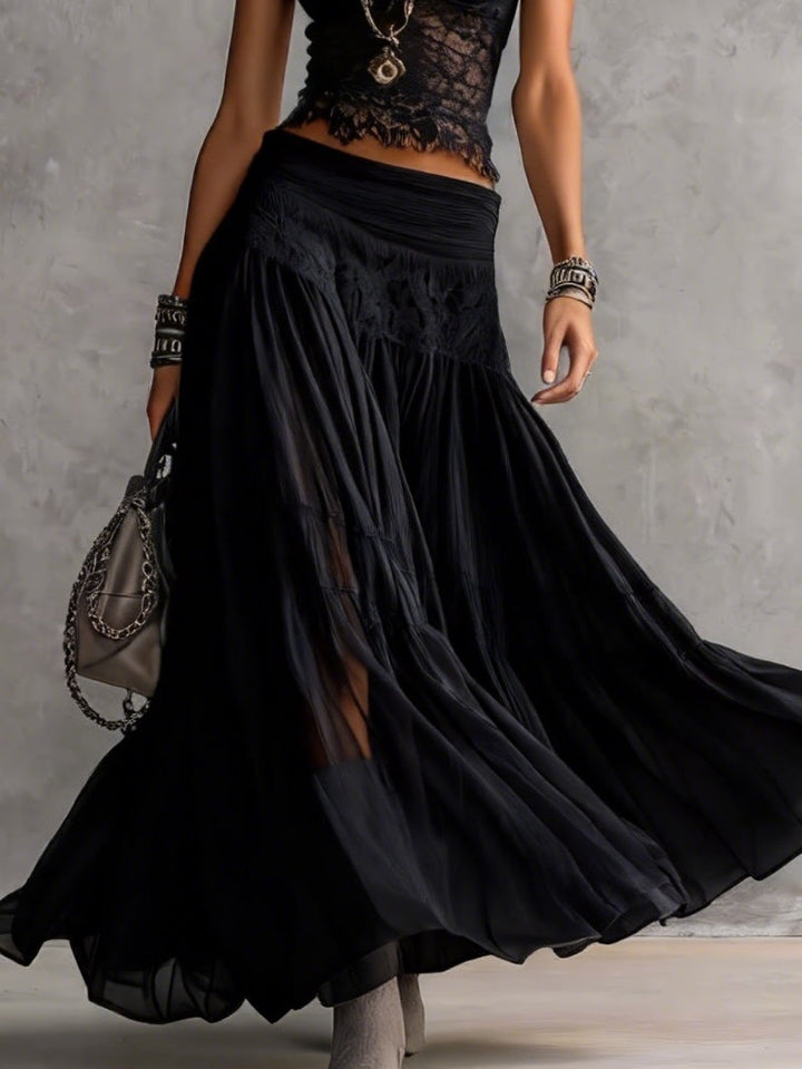 Black Top in Transparent Lace with Panels and Maxi Pleated Skirt Set