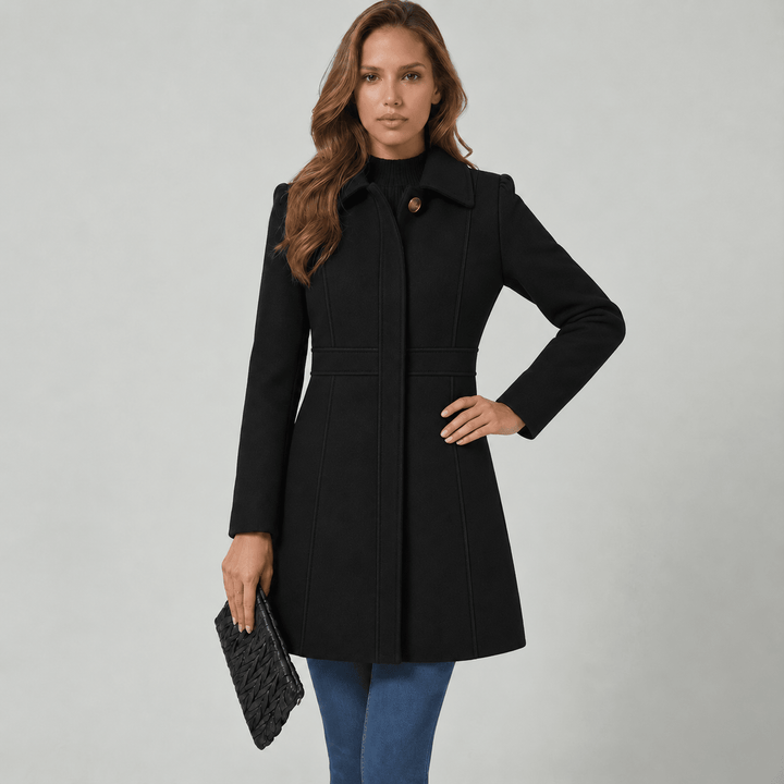 Women's black button-front coat with long sleeves and tailored waist seams
