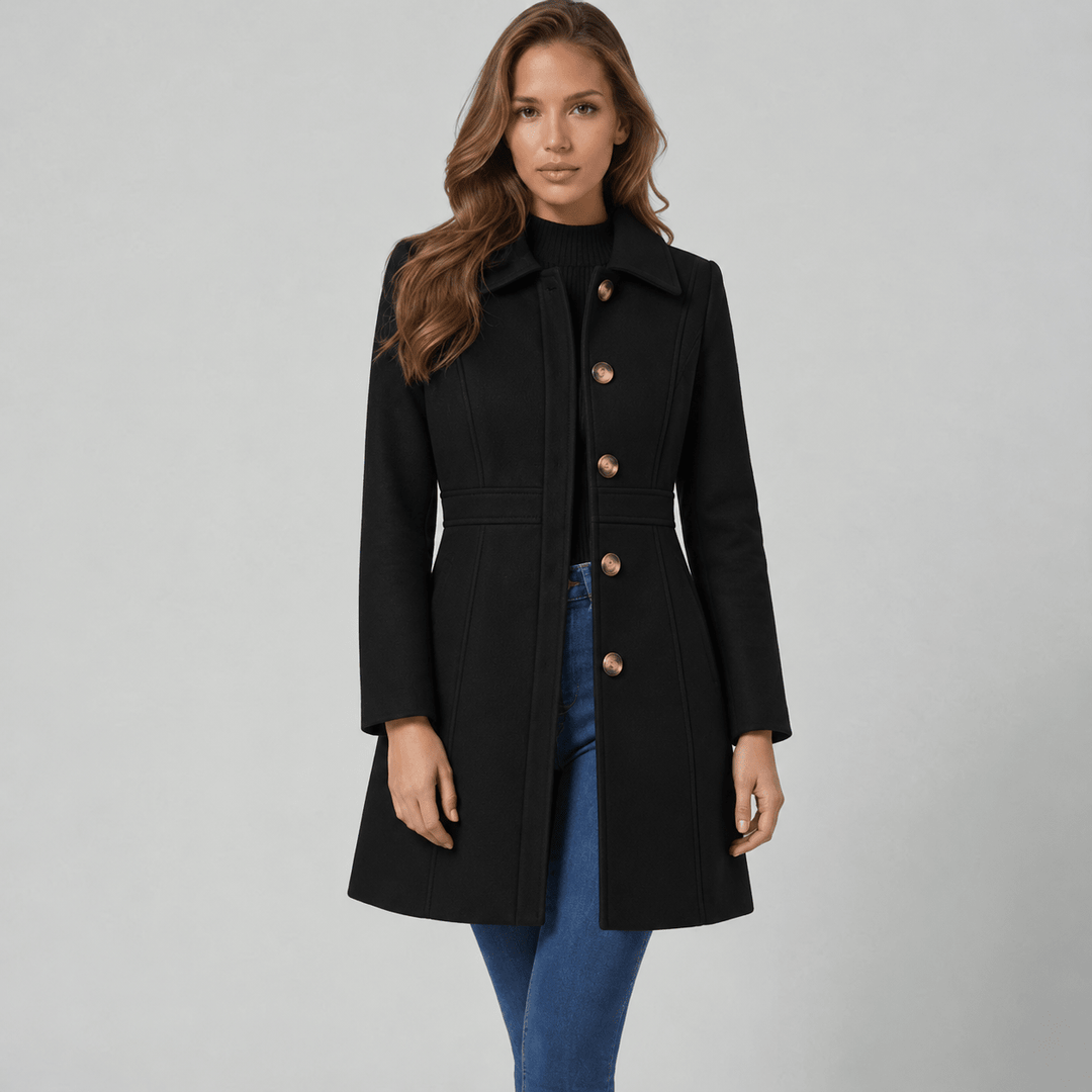 Women's black button-front coat with notched lapels and side pockets