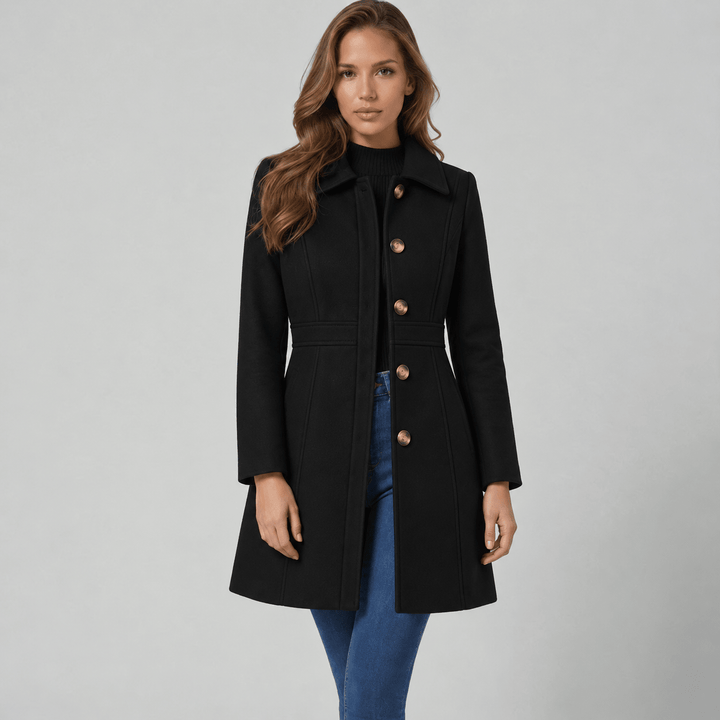 Women's black button-front coat with notched lapels and side pockets