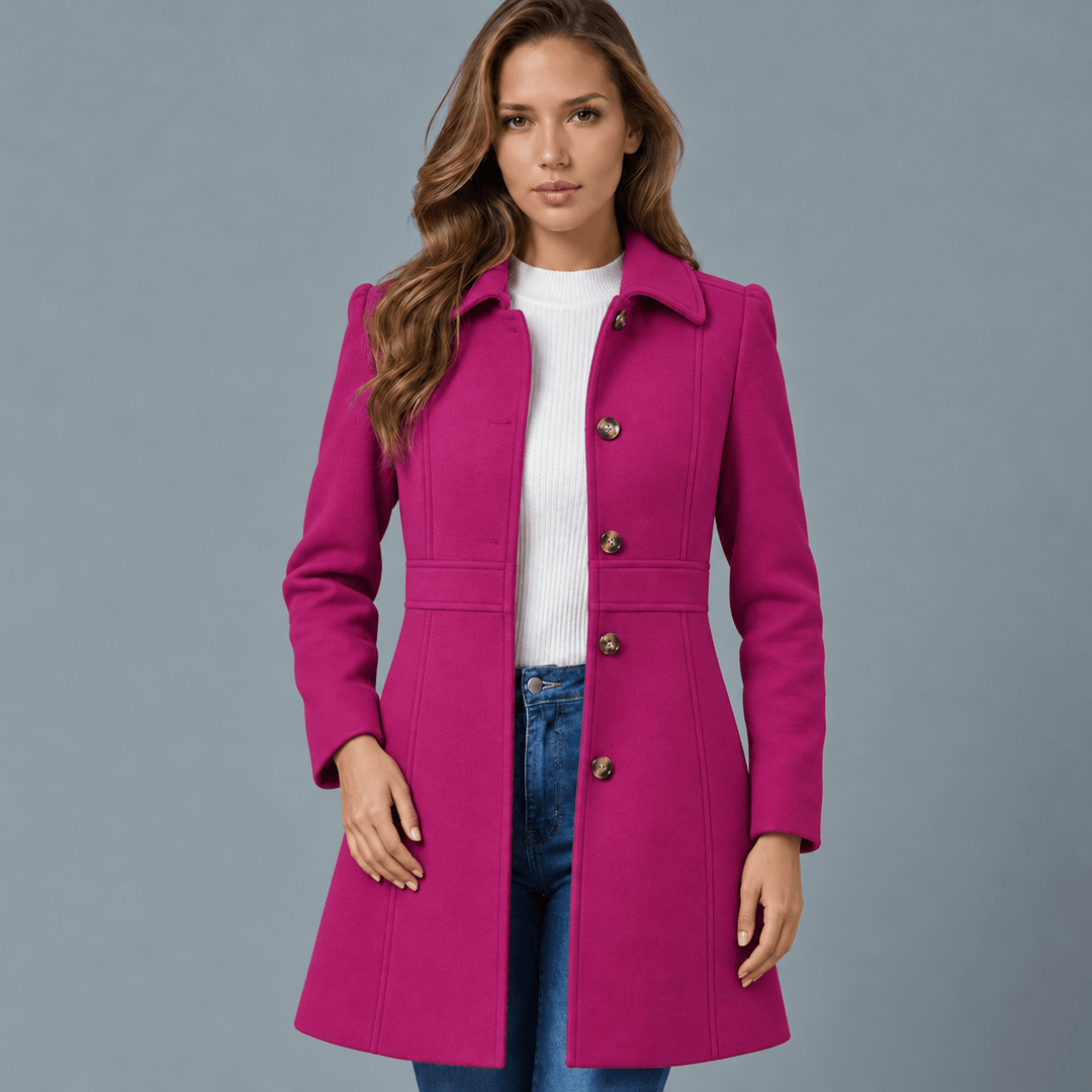 Women's bright pink button-front coat with notched lapels and side pockets