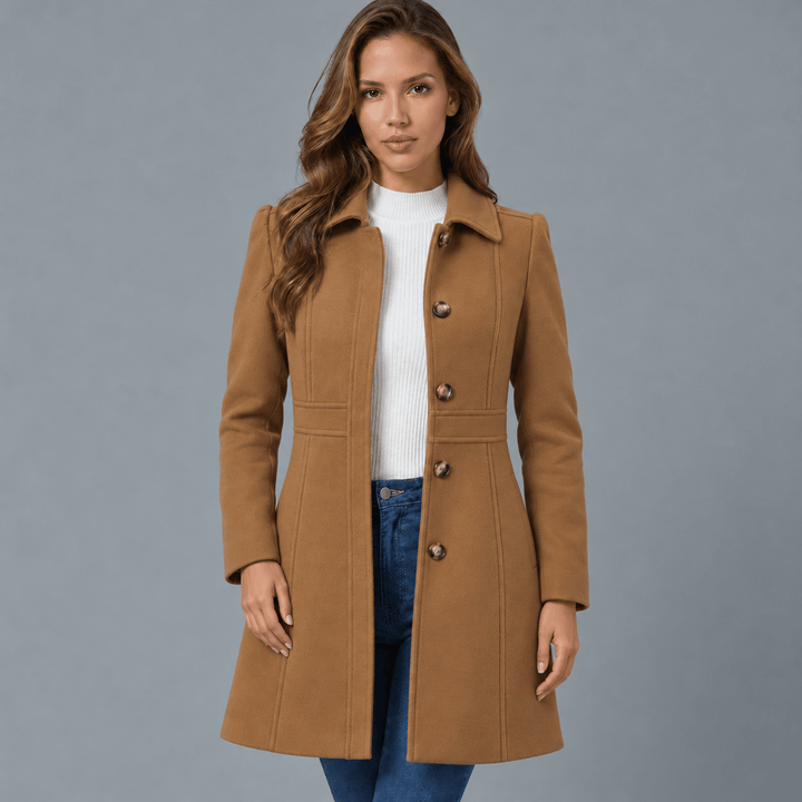 Women's camel brown button-front coat with notched lapels and button placket