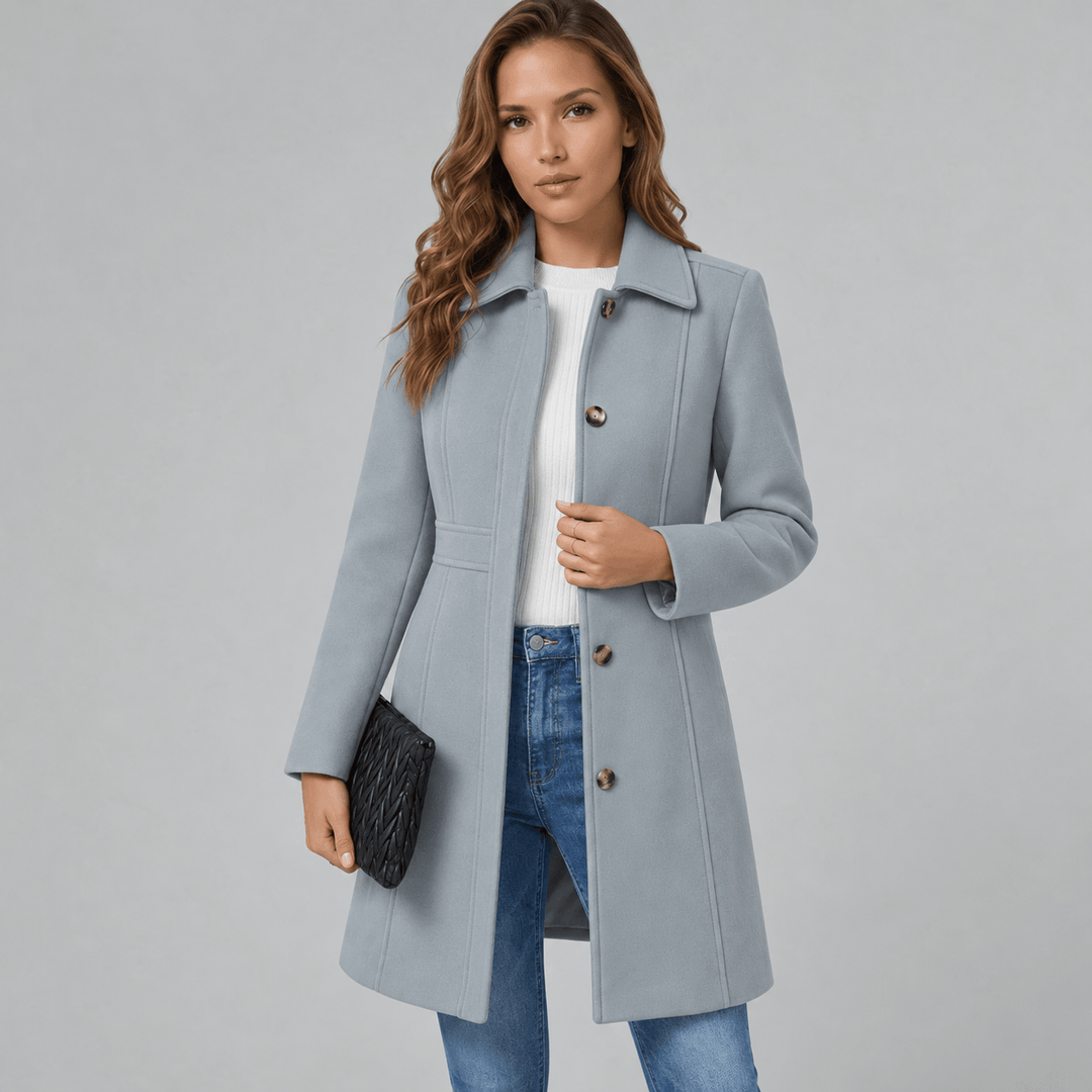 Women's light blue button-front coat with notched lapels and side pockets