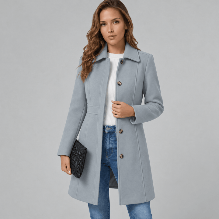Women's light blue button-front coat with notched lapels and side pockets
