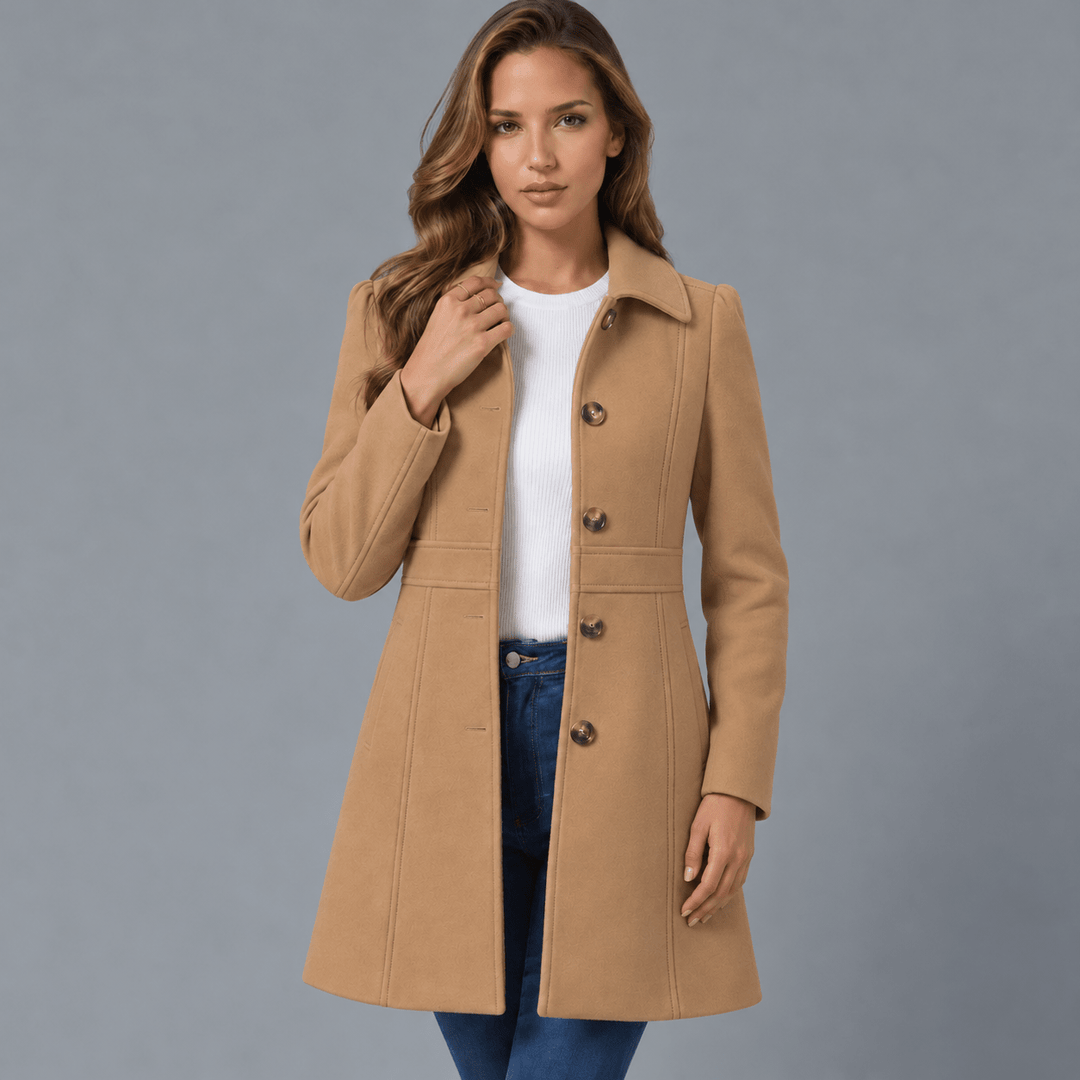 Women's tan button-front coat with button placket and notched lapels
