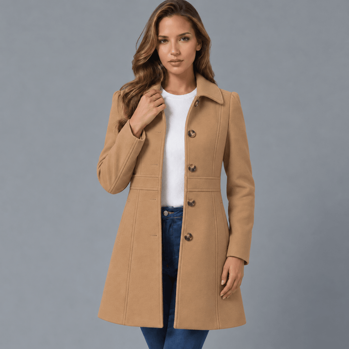 Women's tan button-front coat with button placket and notched lapels