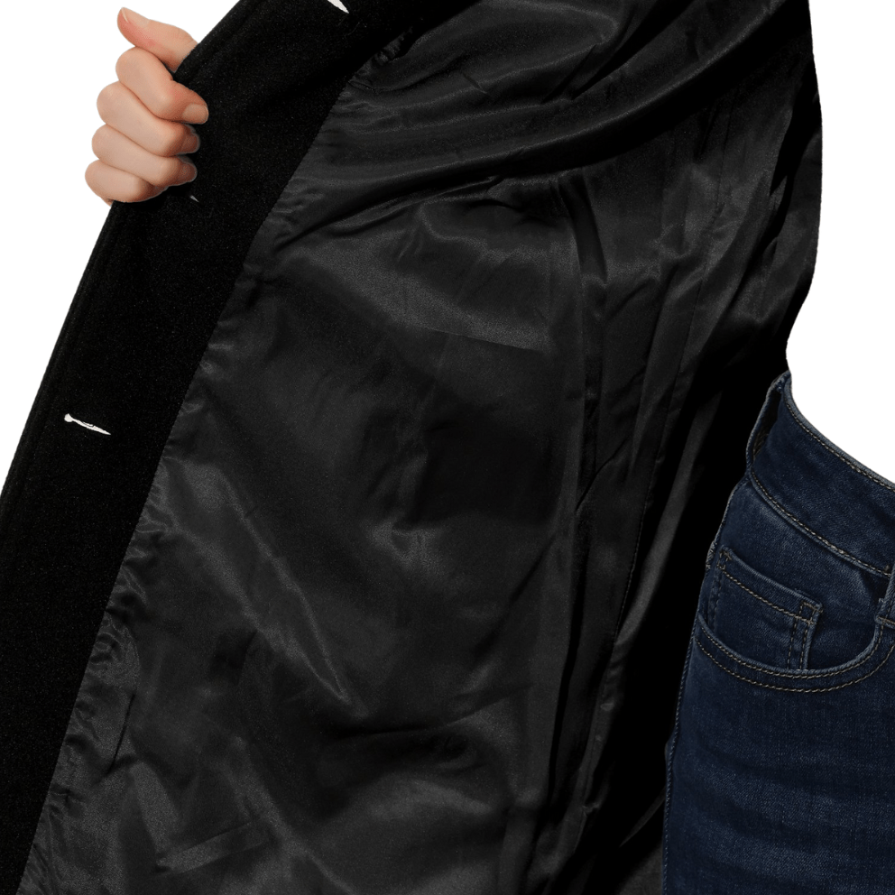 Black coat interior lining close-up with button placket edge