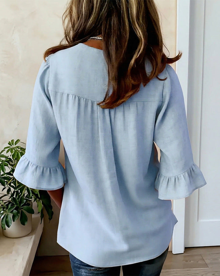 Sophia Solid Colour Blouse with Wooden Buttons and Ruffles