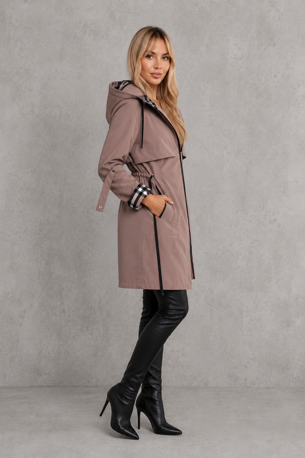 Mabel | Sophisticated Hooded Waterproof Jacket with Check Trim