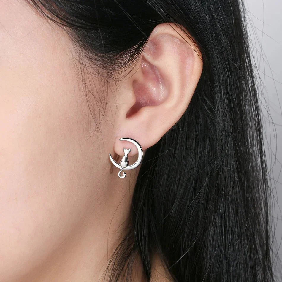 Moon & Cat Sterling Silver Stud Cat Earrings