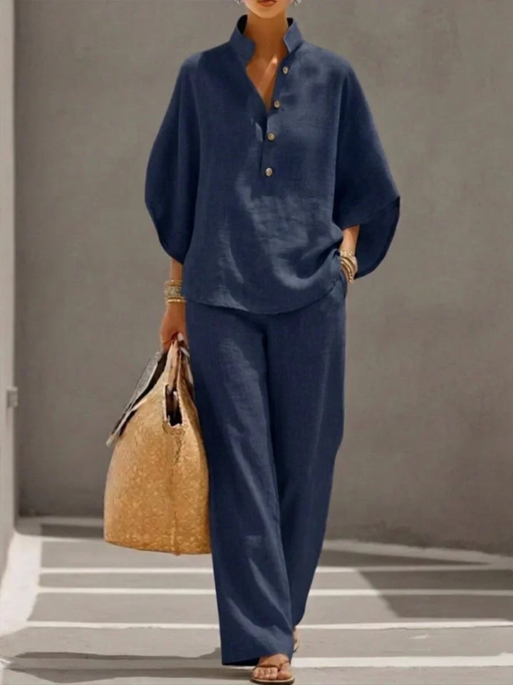Sophie | Linen Effect Suit with Batwing Sleeves and Wide Trousers