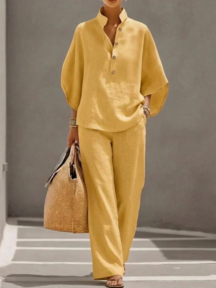 Sophie | Linen Effect Suit with Batwing Sleeves and Wide Trousers