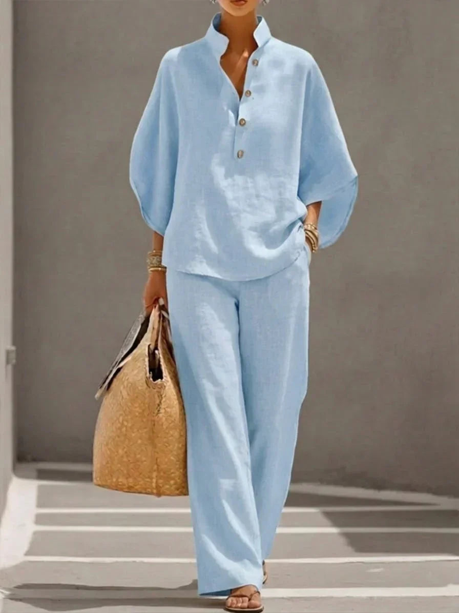 Sophie | Linen Effect Suit with Batwing Sleeves and Wide Trousers