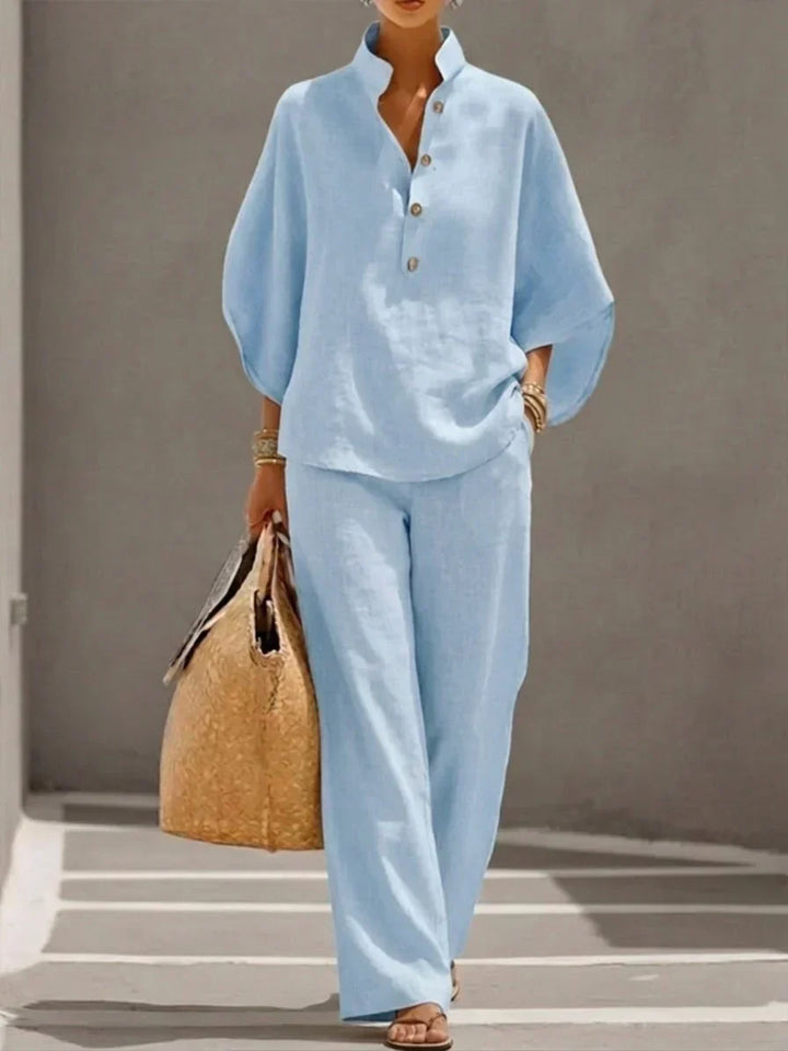 Sophie | Linen Effect Suit with Batwing Sleeves and Wide Trousers
