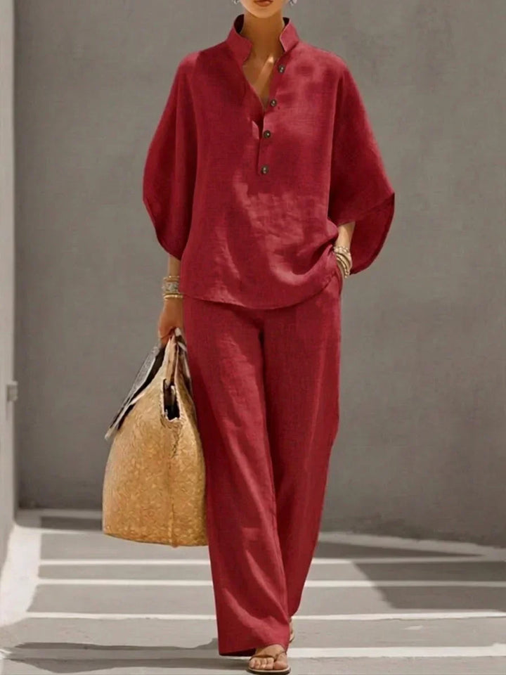 Sophie | Linen Effect Suit with Batwing Sleeves and Wide Trousers