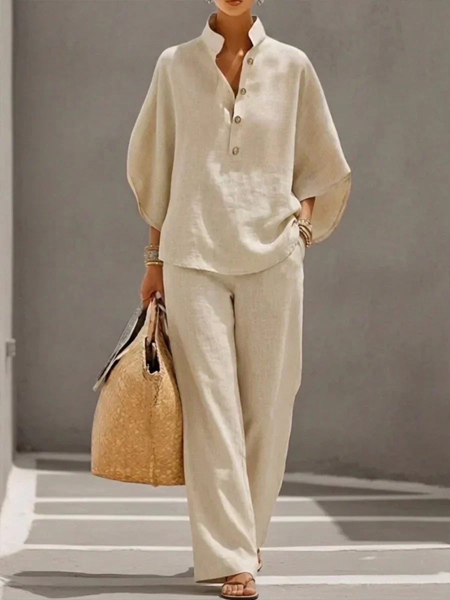 Sophie | Linen Effect Suit with Batwing Sleeves and Wide Trousers