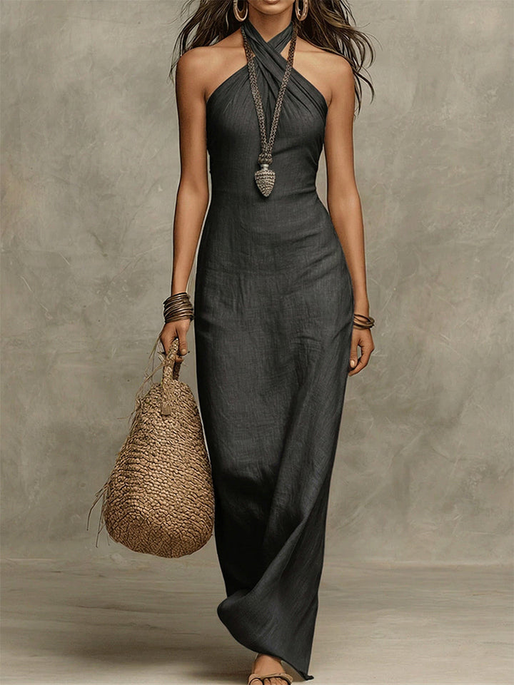 Avelina™ – Long voluminous dress in cotton and linen, American collar