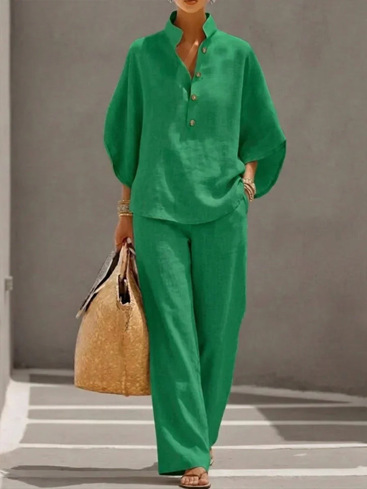 Sophie | Linen Effect Suit with Batwing Sleeves and Wide Trousers