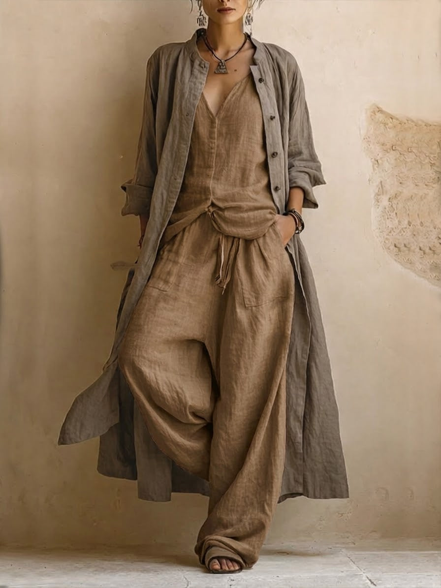 Brown bohemian 3-piece set: open button shirt, tied camisole, wide-leg drawstring pants