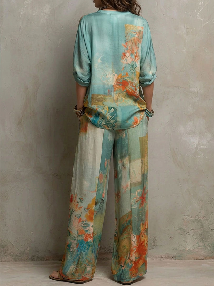 Chiara | Elegant floral print set with wide-leg trousers