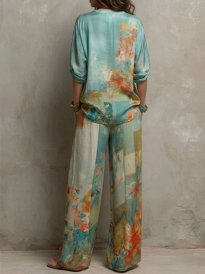 Chiara | Elegant floral print set with wide-leg trousers