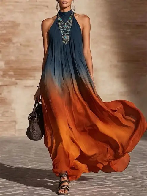 Paula | Long Ombre Dress with V Halter Neck