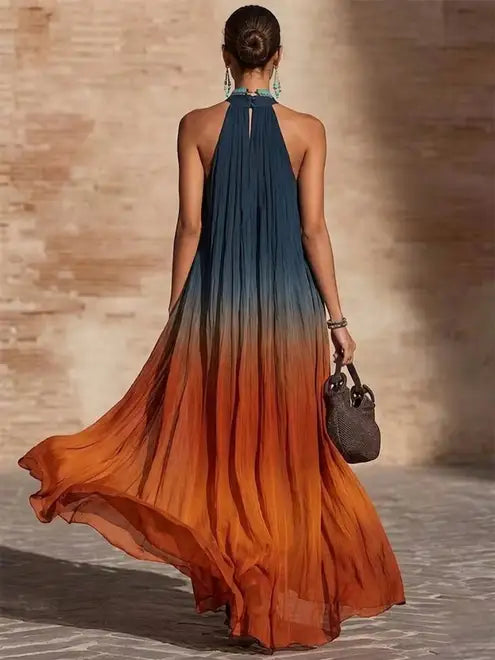 Paula | Long Ombre Dress with V Halter Neck