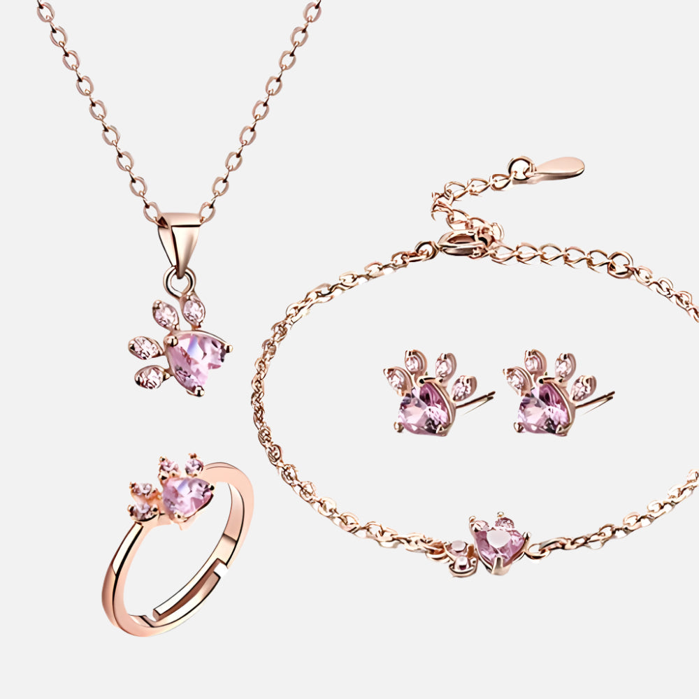 Rose Gold Paw Jewellery Set – 4 Pieces with Zirconia Heart (Ring, Necklace, Earrings, Bracelet)