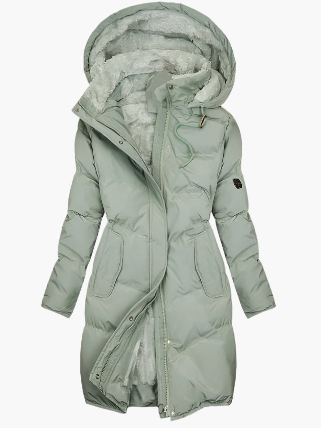 Women's long quilted hooded winter coat, sage green with front zip and pockets.