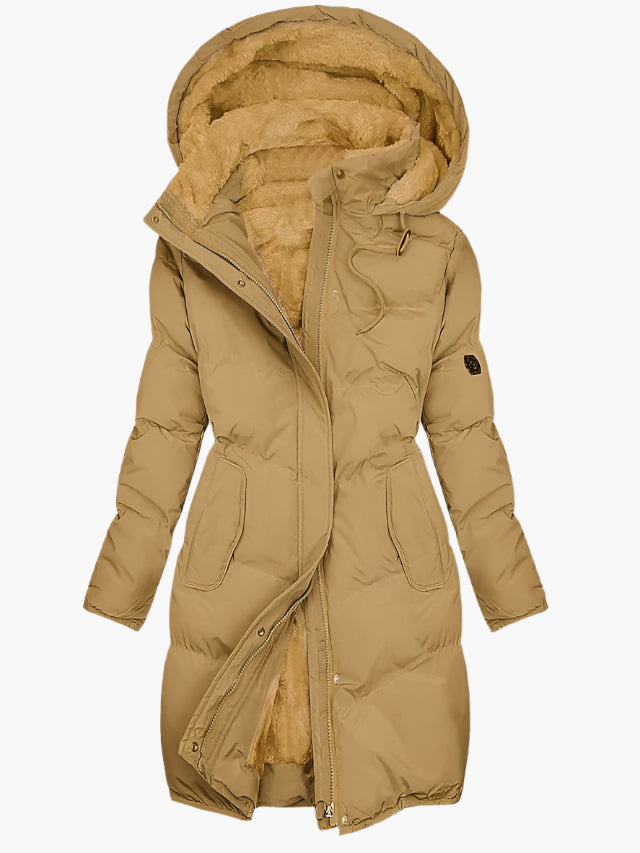 Women's long quilted hooded winter coat, camel/tan color with front zip and hood.
