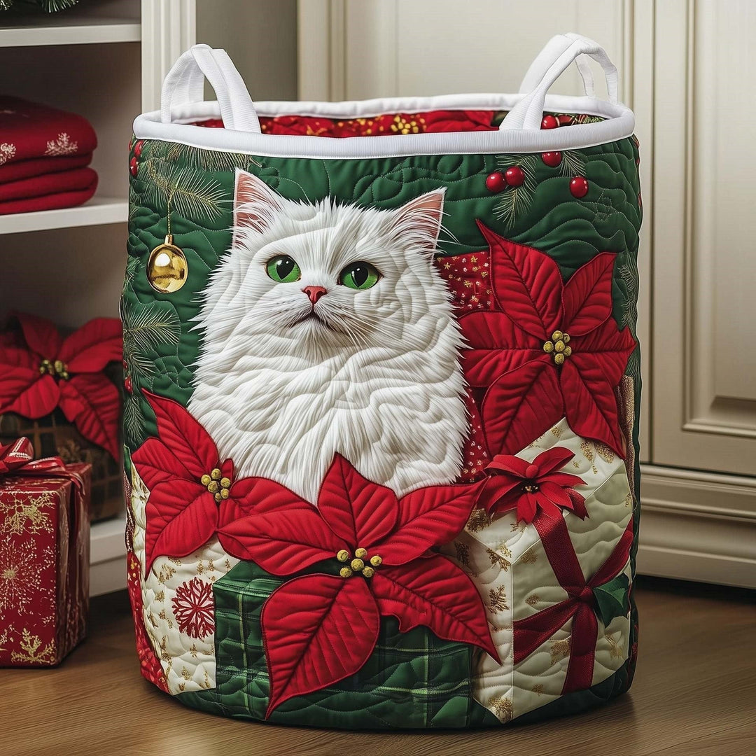 Poinsettia Snow Cat Laundry Basket