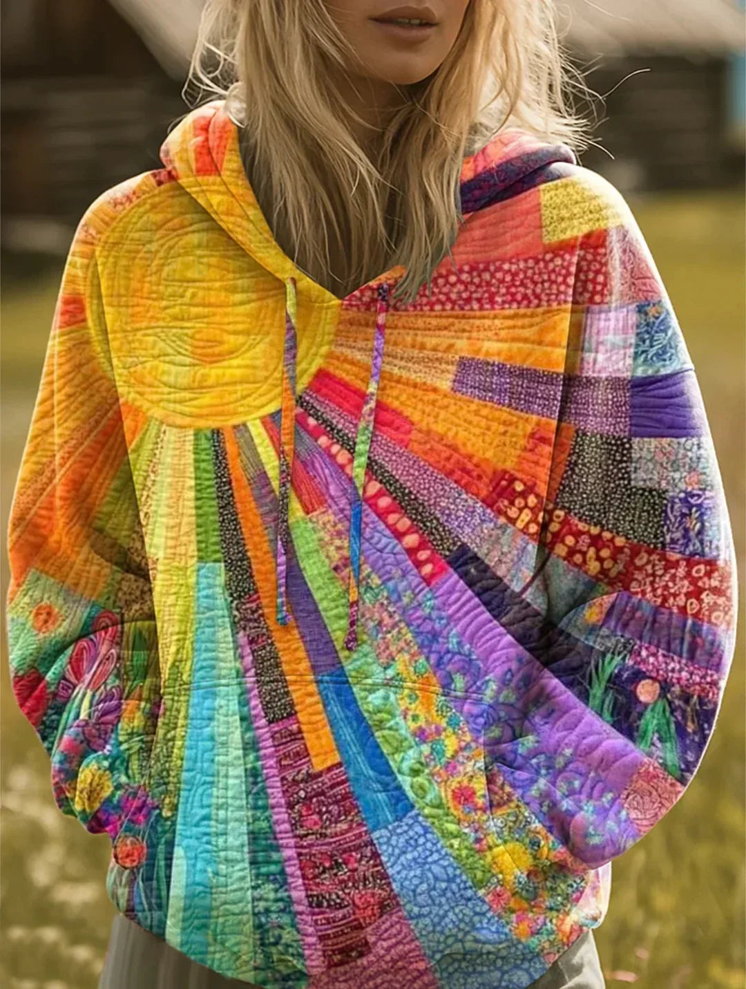 Dawnella™ | Bohemian Multicolour Patchwork Hoodie