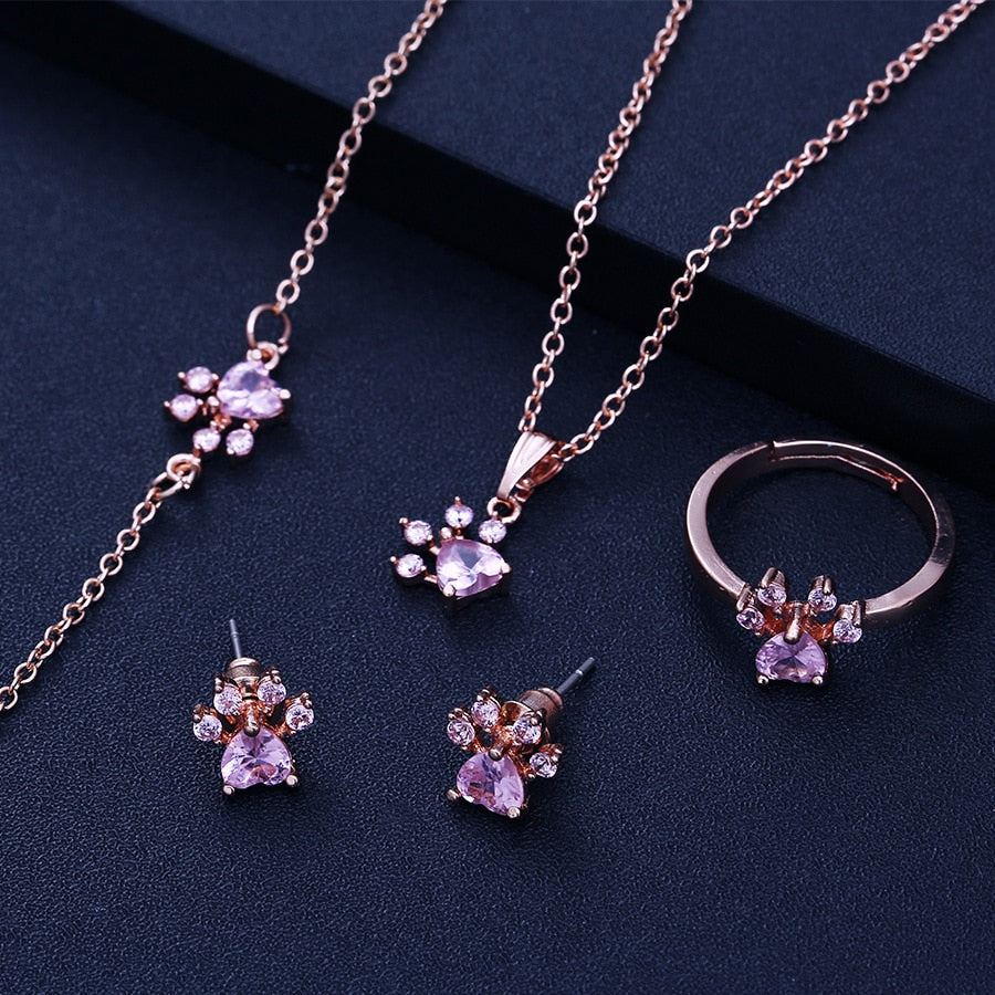 Rose Gold Paw Jewellery Set – 4 Pieces with Zirconia Heart (Ring, Necklace, Earrings, Bracelet)
