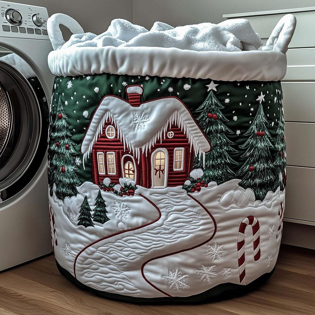 Snowy Evergreen Cottage Laundry Basket