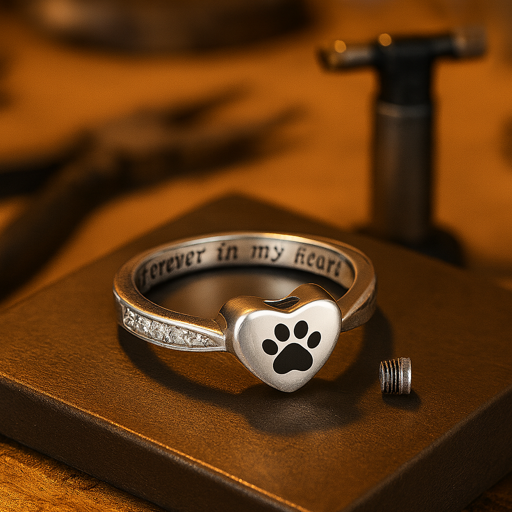 Love Heart Paw Print Urn Ring – Pet Memorial Cremation Jewellery