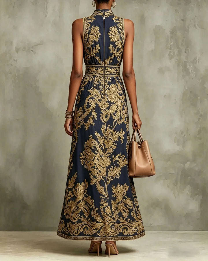 CORNELIA | GLAMOUR LONG DRESS WITH GOLD BAROQUE PRINT
