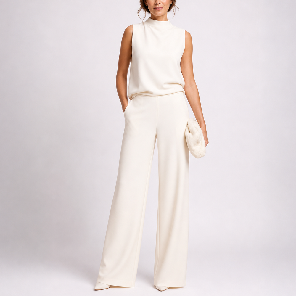 White sleeveless jumpsuit with high neck and wide straight-leg pants, belted waist.