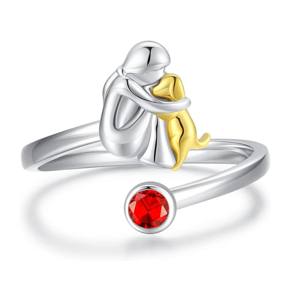 Dog and girl sterling silver ring with gold accents and red round crystal bezel